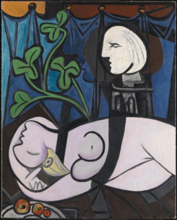 Nude, Green leaves and Bust (also known as Nude with Sculptor's Turntable; Nu au plateau de sculpteur) 1932 Pablo Picasso 1881-1973 Lent from a private collection 2011 https://www.tate.org.uk/art/work/L02971